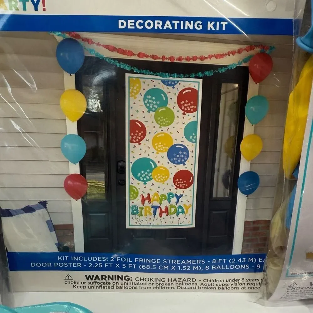 D34   10 piece Party Decorations- Primary colors balloons, door and table decor,